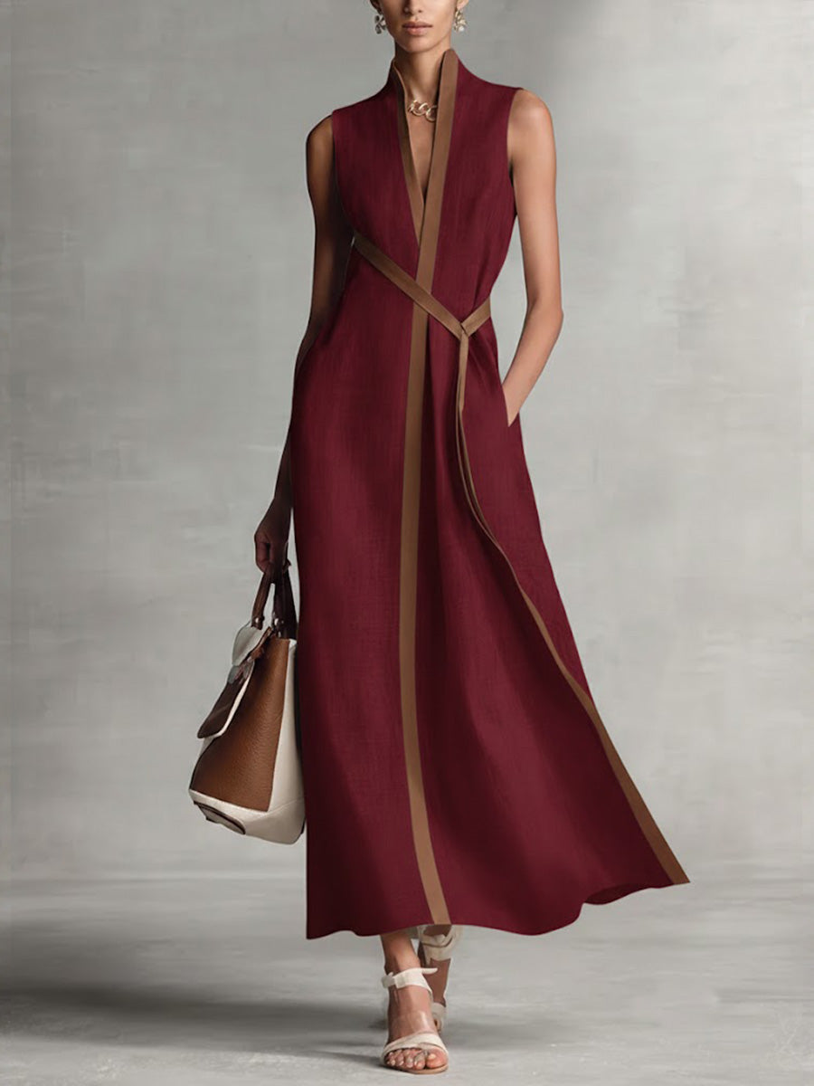 Robe Midi Femme Col V avec Ceinture