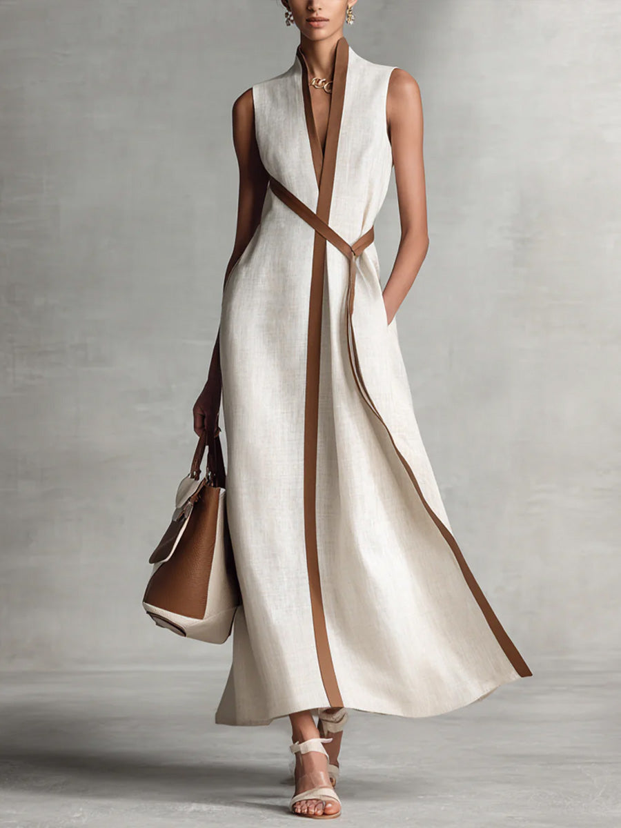 Robe Midi Femme Col V avec Ceinture