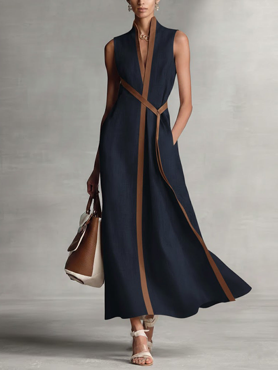 Robe Midi Femme Col V avec Ceinture