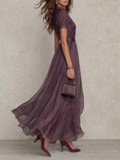 Robe Longue Plissée Femme Col Montant Prune