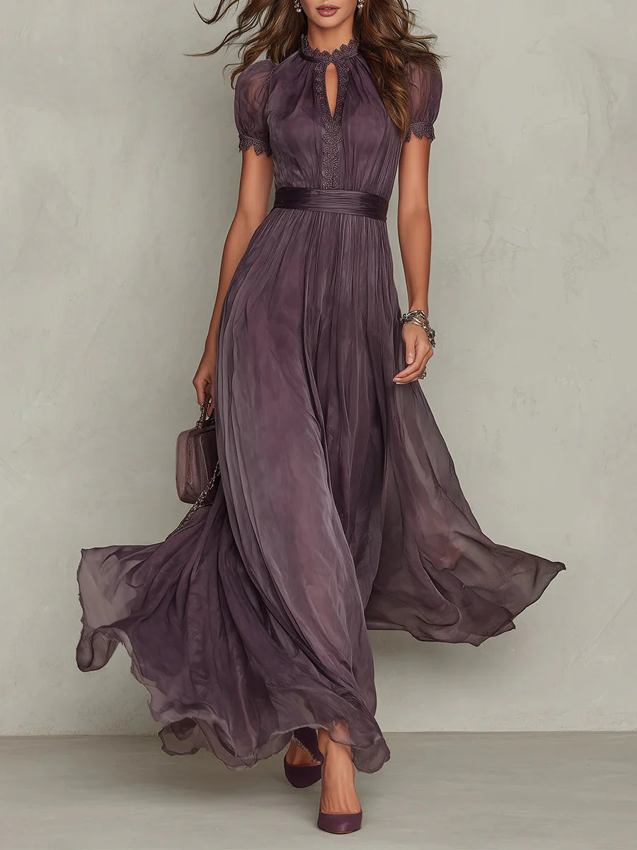 Robe Longue Plissée Femme Col Montant Prune