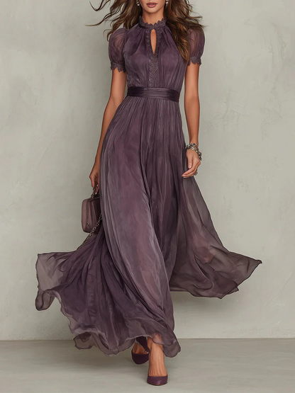 Robe Longue Plissée Femme Col Montant Prune