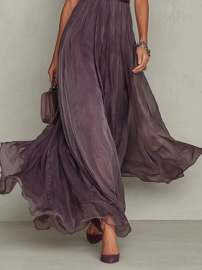 Robe Longue Plissée Femme Col Montant Prune