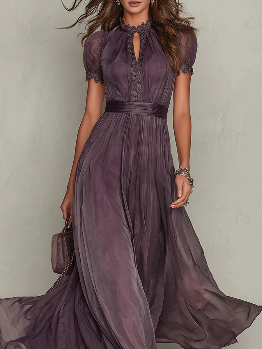 Robe Longue Plissée Femme Col Montant Prune