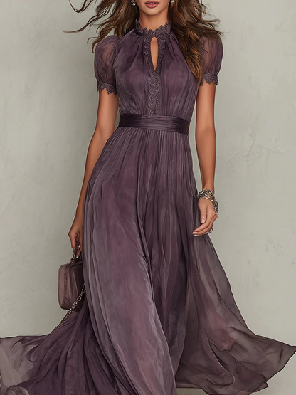 Robe Longue Plissée Femme Col Montant Prune