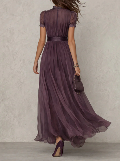 Robe Longue Plissée Femme Col Montant Prune