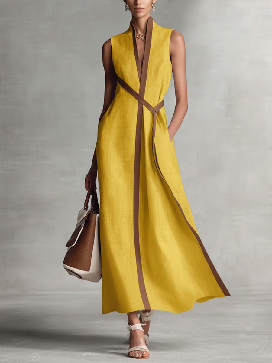 Robe Midi Femme Col V avec Ceinture