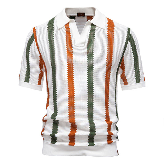 Polo Homme Rayé Col V en Maille
