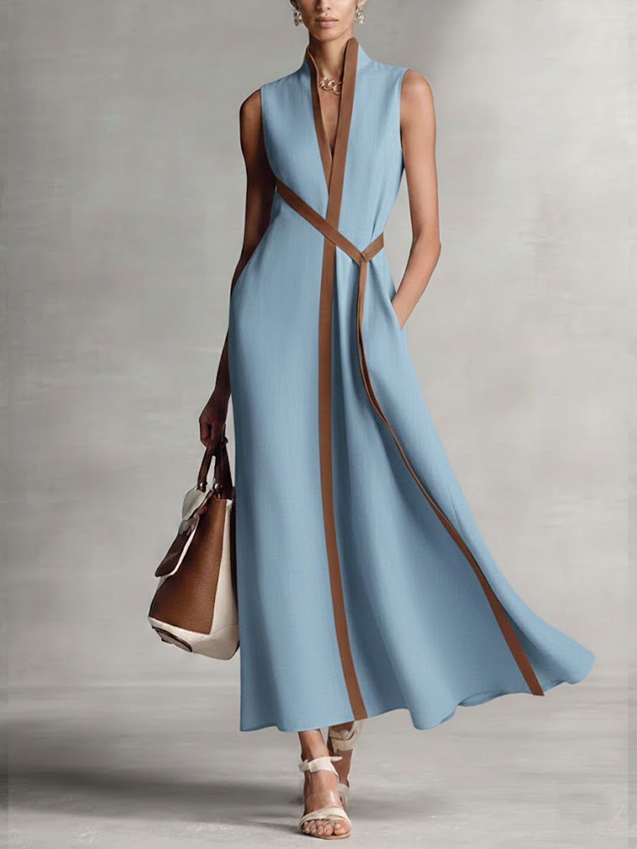 Robe Midi Femme Col V avec Ceinture