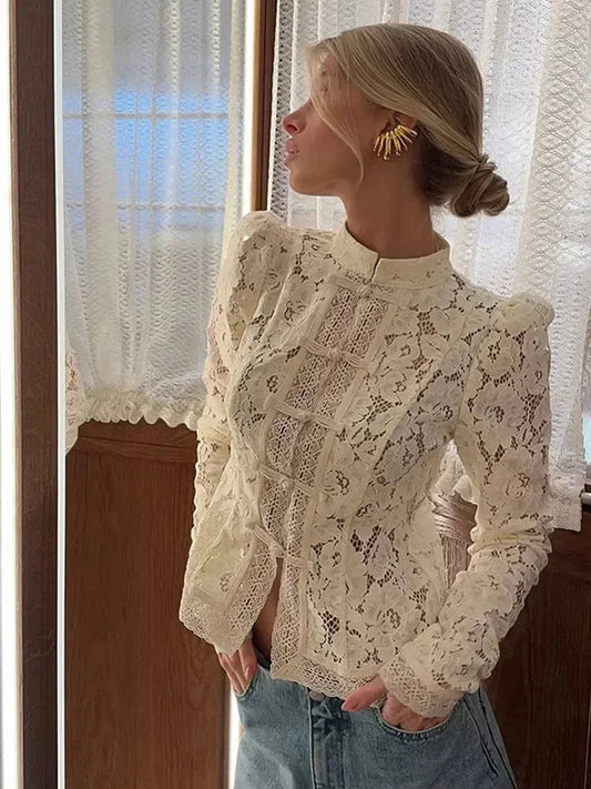 Blouse Dentelle Femme Col Montant