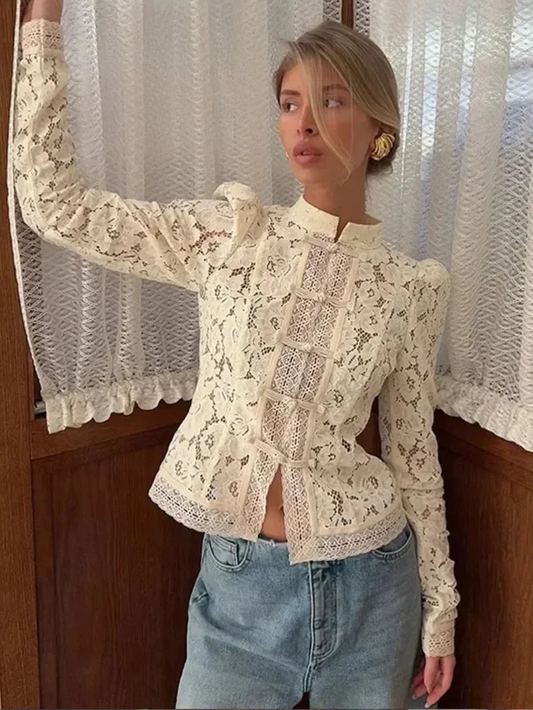 Blouse Dentelle Femme Col Montant
