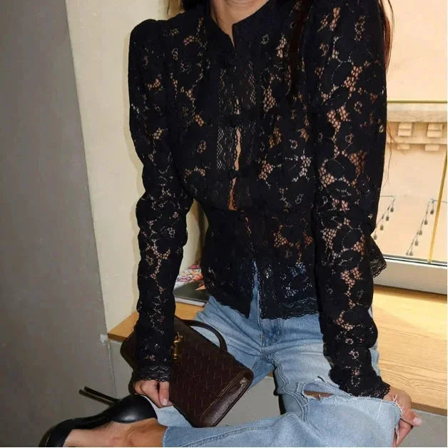 Blouse Dentelle Femme Col Montant