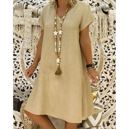 Robe Mini Femme en Lin à Col V