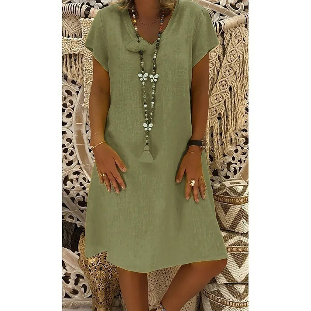 Robe Mini Femme en Lin à Col V