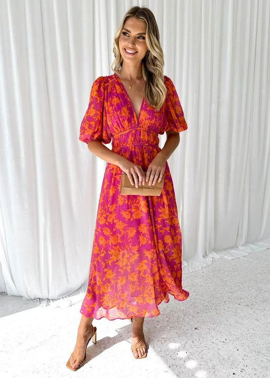 Robe Longue Fleurie Rose Femme Col V