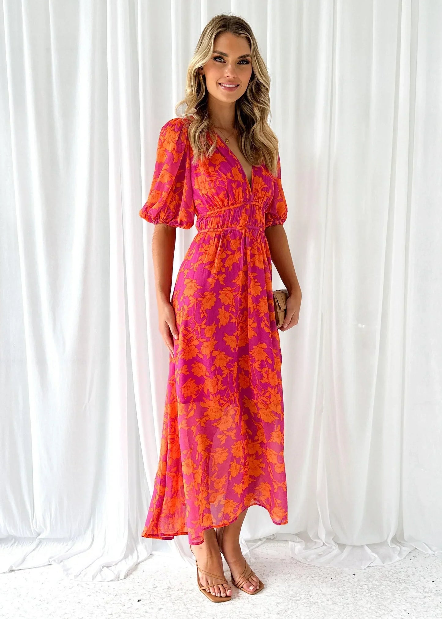 Robe Longue Fleurie Rose Femme Col V