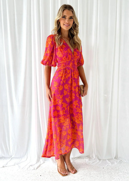 Robe Longue Fleurie Rose Femme Col V