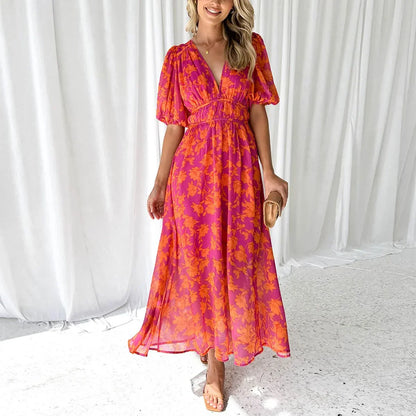 Robe Longue Fleurie Rose Femme Col V