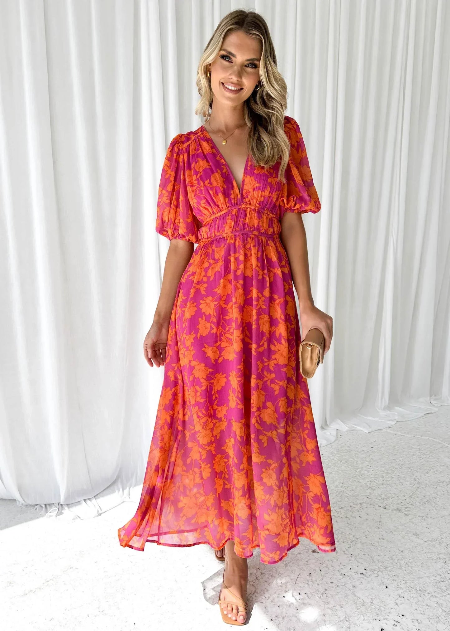 Robe Longue Fleurie Rose Femme Col V