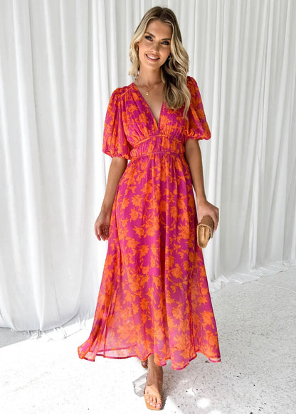 Robe Longue Fleurie Rose Femme Col V